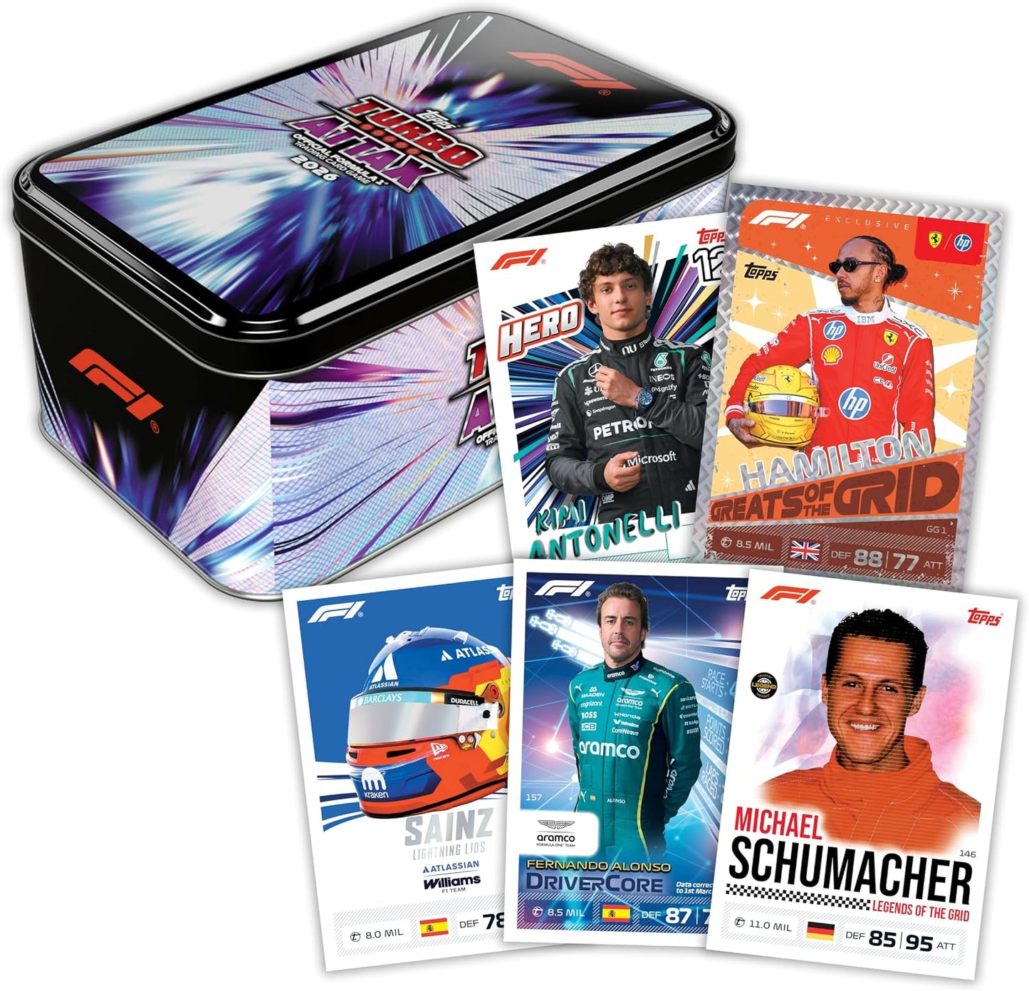 Topps Formula 1 2026 Turbo Attax Trading Card Game Super Tin – Greats of the Grid
